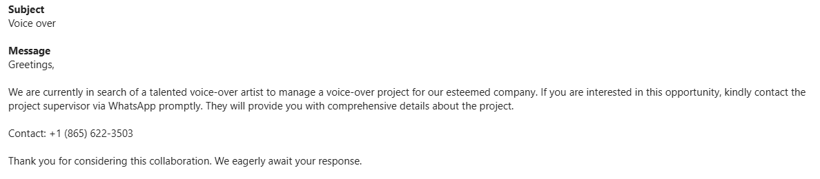 Voice Over Interview Scam Email Example